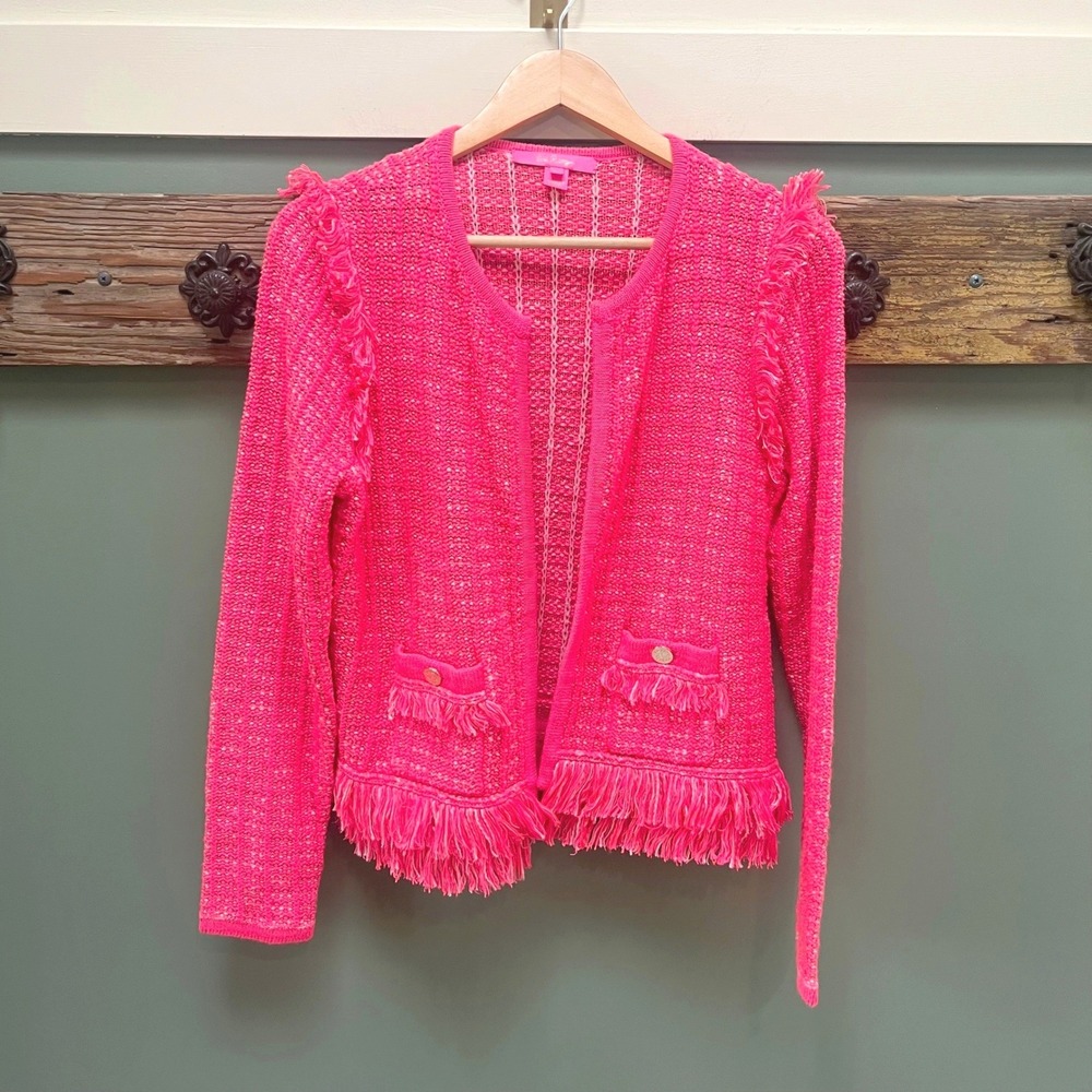 Lilly Pulitzer Hot Pink Fringe Open Front Knit Cardigan Sweater Small Classic